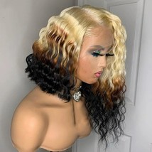 Curly blonde brown black human hair bob lace front wig/3 tone blonde bob wig - £259.49 GBP+