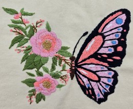 Vintage Embroidered Butterfly Flowers 10.5x11 Handmade Fabric Textile Art - $402.63 MXN