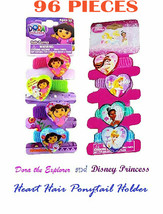 96 Pcs Disney Princess &amp; Dora the Explorer Heart Hair Ponies on 24 Display Cards - £22.40 GBP
