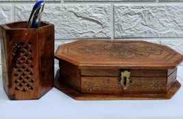 Antique wooden box decorated with brass decorations with pen holder Made in Indi - £39.96 GBP