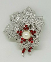 Flower Red Crystal Rhinestone Silver Tone Cute Brooch Pin White Wedding Jewelry - £6.34 GBP