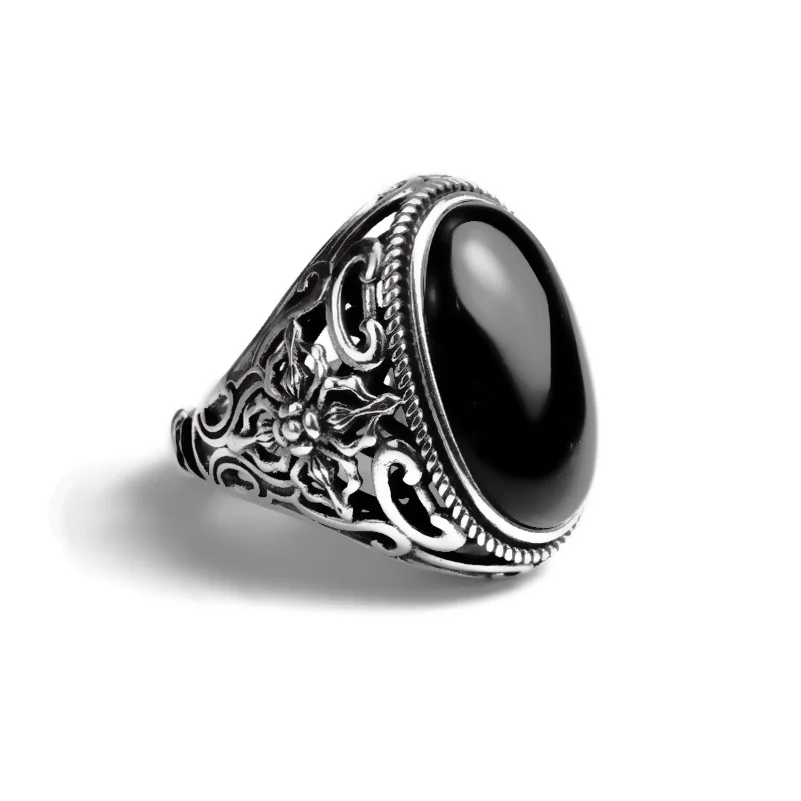 Black S925 Ring Men Real 925 Sterling Silver Ring Mens Natural Onyx Stone Vintag - £55.44 GBP