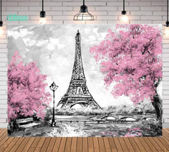 Qian 9X6 FT Pink Flowers Trees Eiffel Tower Background Photography Gray Paris Ph - £26.69 GBP