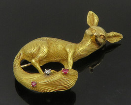 18K GOLD - Vintage Genuine Diamond &amp; Garnet Fox Animal Brooch Pin - GB092 - £1,432.56 GBP