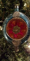 Christmas Glass Tear Drop Blue Peach w/Pink Floral Design Ornament Poland - £19.53 GBP