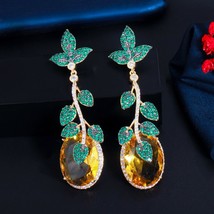 Super Luxury Green Cubic Zirconia Leaf Drop Big Yellow CZ Crystal Earrings for W - £21.66 GBP