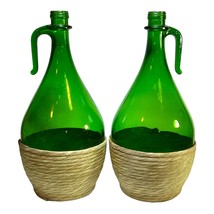 2 large wine bottles decanters 15-1/4&quot; tall green glass half handles rat... - $39.20