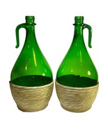 2 large wine bottles decanters 15-1/4&quot; tall green glass half handles rat... - £30.82 GBP