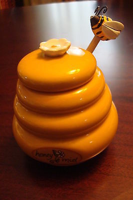 Primary image for Honey Pot with Spatula in bee design, dipper with hardwood handle RARE
