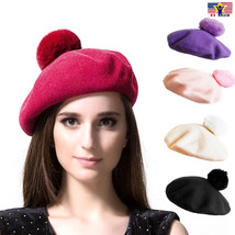 100% Wool Artist Beret Soft Fur Pom Pom Hat Casual Classic Beanie French Women - £9.59 GBP