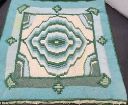 Vintage 1960&#39;s Green Blue Ivory Needlepoint Wool Pillow Sham Geometric EUC - $38.84