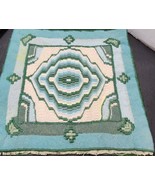 Vintage 1960&#39;s Green Blue Ivory Needlepoint Wool Pillow Sham Geometric EUC - £30.55 GBP