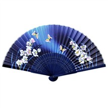 SILK HAND FAN 8&quot; Blue Butterfly Lily Blossom Folding Pocket Purse High Quality - £7.77 GBP
