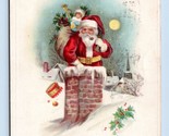 Santa Claus Toy Sack Coming Down Chimney Full Moon Christmas DB Postcard... - $12.42