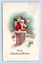Santa Claus Toy Sack Coming Down Chimney Full Moon Christmas DB Postcard C18 - £9.89 GBP