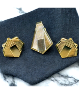 Vintage Etched Geometric Gold Tone Cufflinks &amp; Tie Bar Set Estate Jewelr... - $16.82