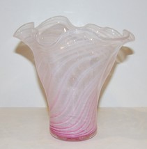 Signed Art Glass Pink &amp; White Opaque Swirl Ruffled Top 6 1/4&quot; Vase~Stunning - £87.04 GBP