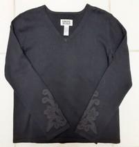 Vtg CHICO&#39;S V-Neck Ramie Cott Pullover Sweater L/S Eyelet Slv Black Sz 0 NWOT - £39.29 GBP