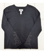 Vtg CHICO&#39;S V-Neck Ramie Cott Pullover Sweater L/S Eyelet Slv Black Sz 0... - £38.71 GBP