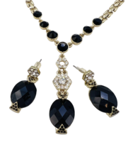 Vintage 80s Gold Tone Black Rhinestone Necklace Pierced Dangle Earrings Set - $27.72