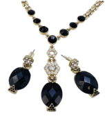 Vintage 80s Gold Tone Black Rhinestone Necklace Pierced Dangle Earrings Set - $38.03 CAD