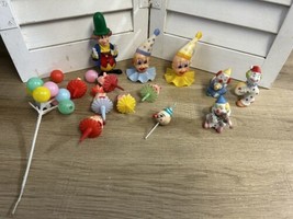Vtg Birthday Cake Decorations 13 clowns balloons plastic 3 ceramic candle rings - £18.68 GBP