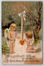 Fantasy Valentine Cupids In Cold Forest Warming From Flaming Heart Postc... - $12.95