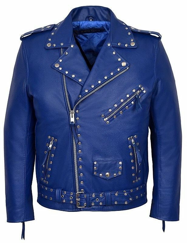 Men's Blue Genuine Leather Coat Studded Brando Belted Shoulder Straps Jacket