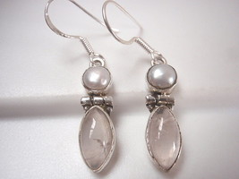 Cultured Pearl and Rose Quartz Marquise 925 Sterling Silver Dangle Earrings - £10.02 GBP