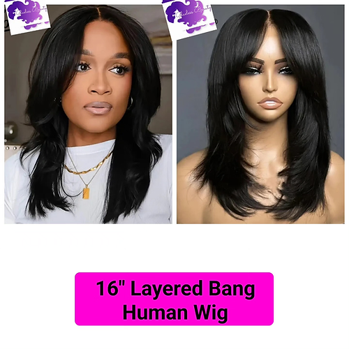 16&quot; Black Straight Human Wig with Layered Bang - £170.84 GBP