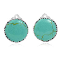 Classic 18mm Round Green Turquoise Botton Sterling Silver Clip On Earrings - $25.22