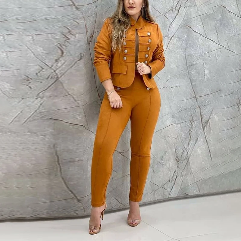  Work Wear Two Piece Suit Sets Summer Women  Solid Color Long Sleeve Double Brea - £126.72 GBP