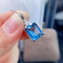 3.20Ct Emerald Cut Simulated Blue Topaz Solitaire Pendant 14K  White Gold Over - £85.65 GBP