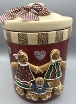 Cookie Jar Stoneware  Gingerbread Family  Bow Boxed New Open Box Rubber Seal - £28.47 GBP