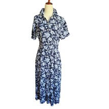 Vintage Y2K Dress Womens Size 8 Blue Floral Mother of Pearl Buttons Midi... - £23.48 GBP