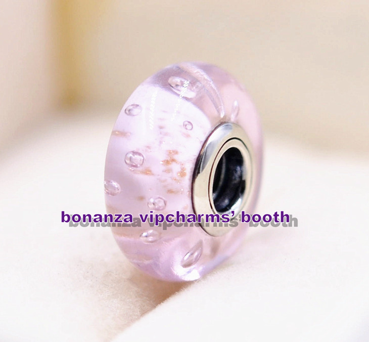 925 Sterling Silver Handmade Glass Moments Pink Glitter Murano Glass Charm Bead - $4.80