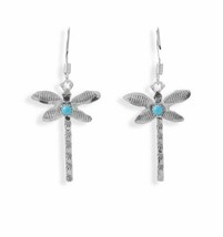 Navajo Blue Turquoise Dragonfly Drop Earrings/ Women&#39;s/ Handcrafted 14K White GP - £146.53 GBP
