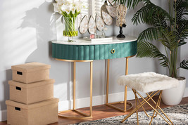 Nikolai Green Velvet Brushed Gold 1-Drawer Console Table w/Faux Marble top - $243.00