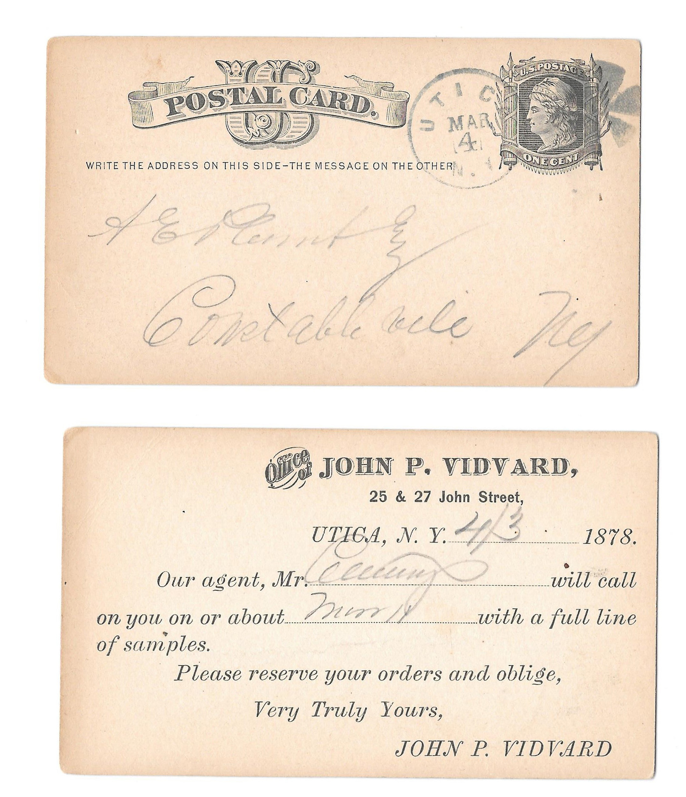 UX5 Utica NY 1878 Fancy Cancel Radial Wedges Pre-printed John P Vidvard Merchant - $9.95