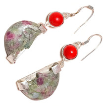 Crescent Moon Ruby in Ziosite,Red Coral Gems 925 Silver Overlay Handmade Earring - £11.95 GBP