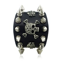  Row Spike skull Bracelet leather wristband black metal punk cuff goth rock  - £14.42 GBP