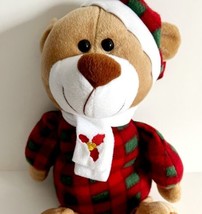 Christmas Teddy Bear Plaid Pajamas Plush 15&quot; Sugar Loaf Mistletoe Scarf PLSHY1 - £19.65 GBP