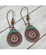 Vintage Vibe Bohemian Earrings Bronze Beaded Crystal Jeweled Gypsy Boho NEW - $13.86