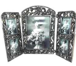 Vintage Ornate Picture Frame Silver Tone Metal 3 Way Fold 5 Photo Pewter... - $39.55