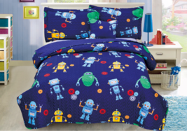 Blue Robot 4 Pcs Twin / Full Size Kids Boys Girls Quilt/ Shams/ Cushion Set- NEW - £36.49 GBP