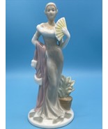 ELEGANT FINE PORCELAIN  FIGURE In Gray dress With Pink Coat And Holding Fan - £16.60 GBP