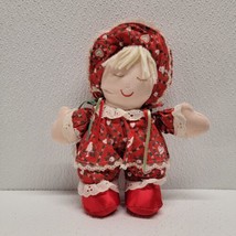 Vintage Cuddle Wit Christmas Cloth Rag Doll Plush 9&quot; White Hair Red Satin Shoes - £15.84 GBP