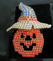 JACK-O-LANTERN Pumpkin Brooch Pin Halloween Patriotic Rhinestones Vintage - £30.01 GBP