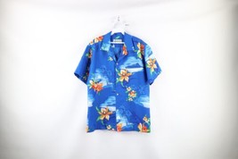 Vintage 70s Streetwear Mens Large Flower Hawaiian Bowling Button Shirt Blue USA - £51.39 GBP