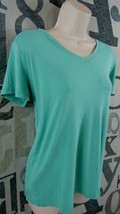 Eddie Bauer Women Green Large V-Neck Cotton Knit Top Short Sleeve - £14.05 GBP